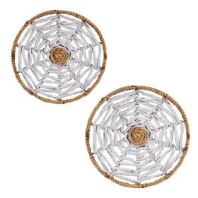 Set 2 Round Woven Wall Baskets - Rustic Metal Frame Weaving Boho for Home Decoration (Color: Whitewash)