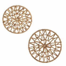 Set 2 Round Woven Wall Baskets - Rustic Metal Frame Weaving Boho for Home Decoration (Color: Natural)